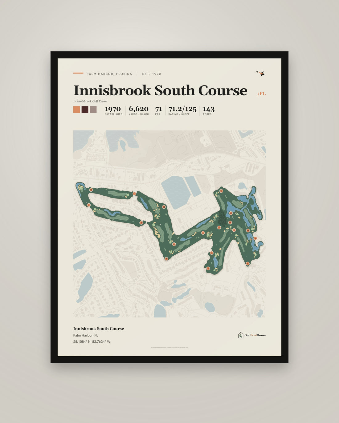 Innisbrook South Course golf course print, framed, on a plain wall