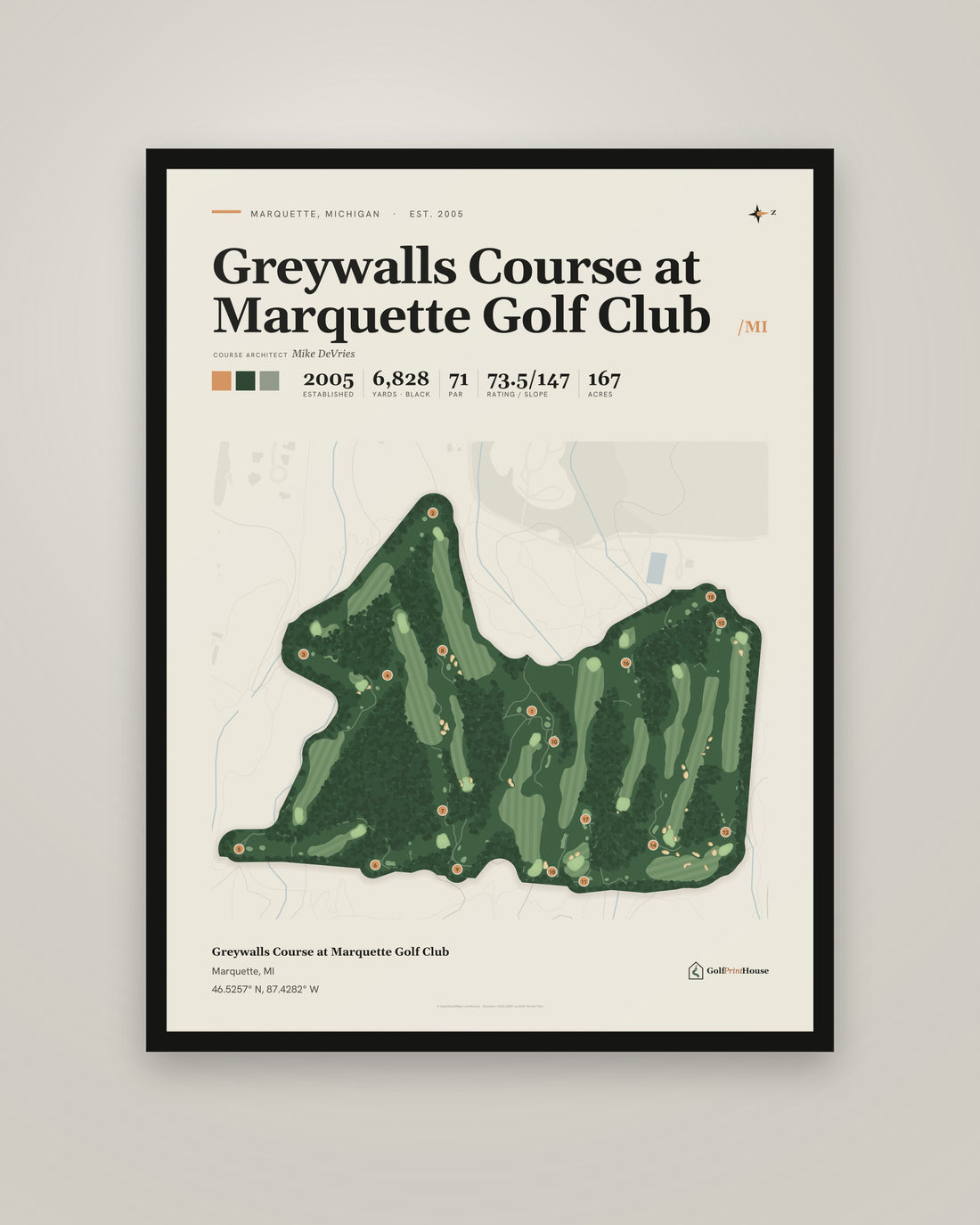 Greywalls Course at Marquette Golf Club Framed Print | Marquette Golf Course Map | Ready to Hang Mid Century Golf Wall Art