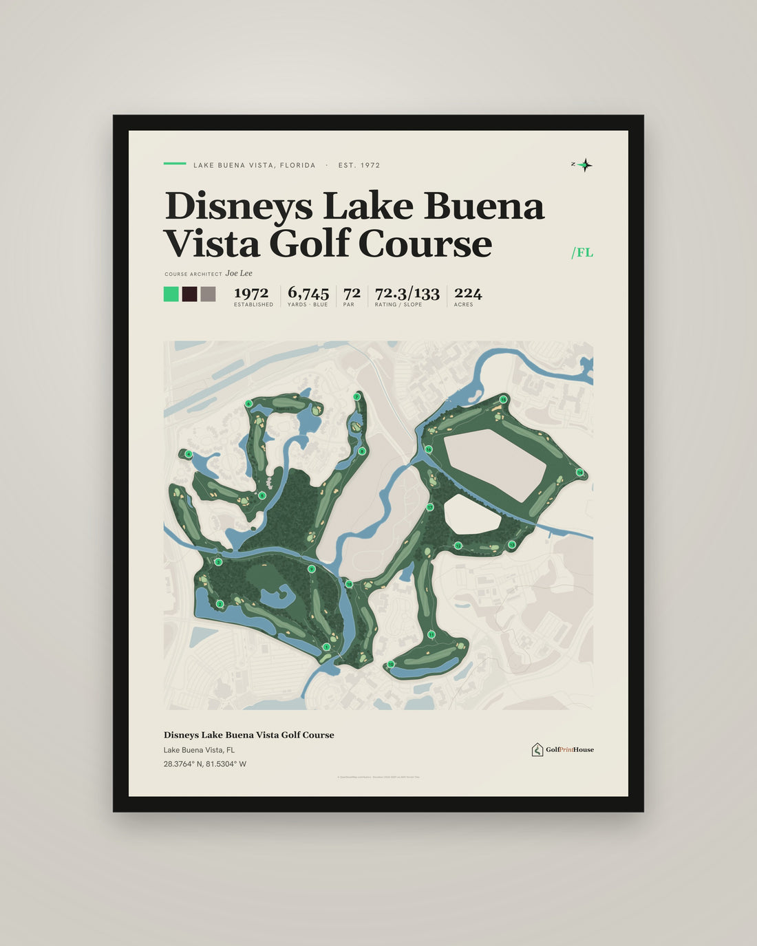 Disneys Lake Buena Vista Golf Course golf course print, framed, on a plain wall