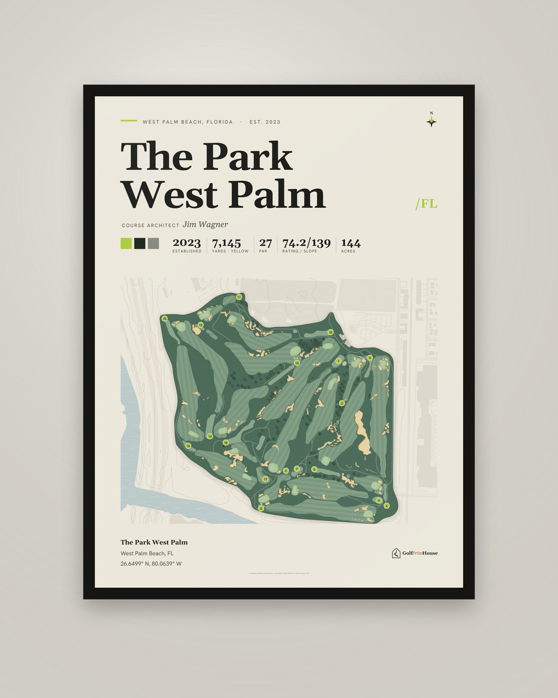 The Park West Palm Framed Print | West Palm Beach Golf Course Map | Ready to Hang Mid Century Golf Wall Art