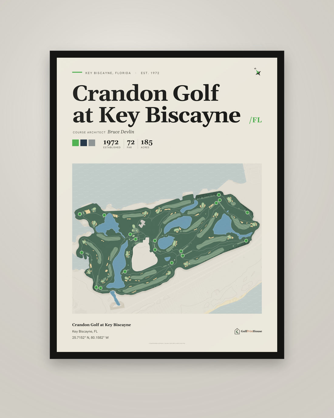 Crandon Golf at Key Biscayne golf course print, framed, on a plain wall