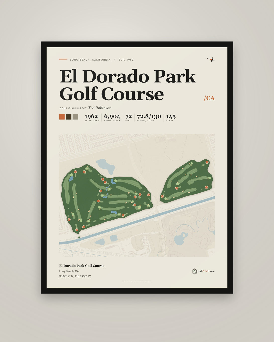 El Dorado Park Golf Course Framed Print | Long Beach Golf Course Map | Ready to Hang Mid Century Golf Wall Art