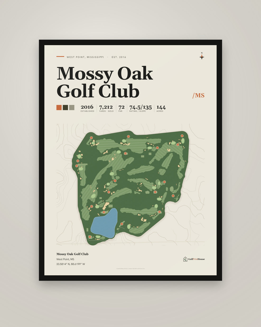 Mossy Oak Golf Club golf course print, framed, on a plain wall