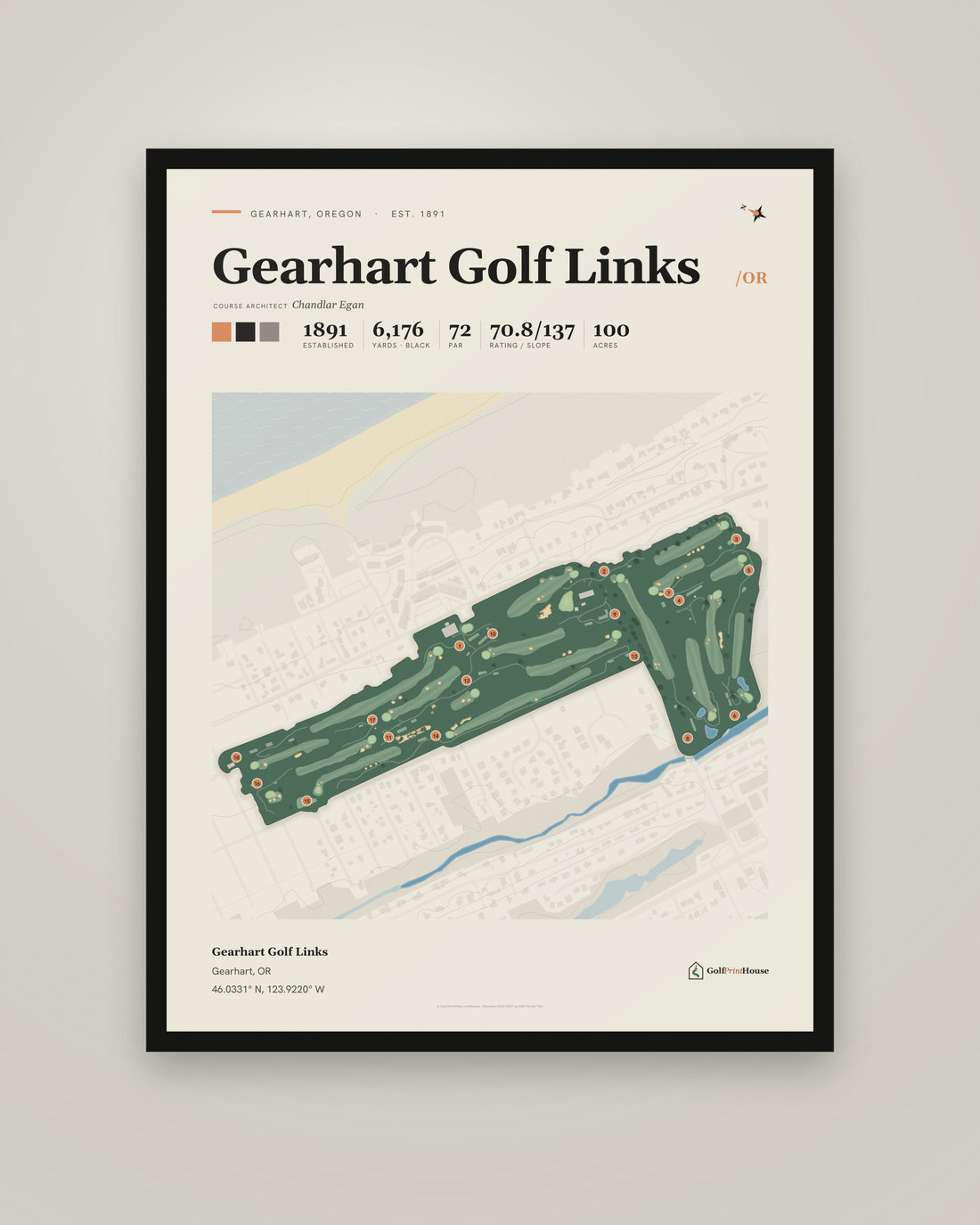 Gearhart Golf Links golf course print, framed, on a plain wall