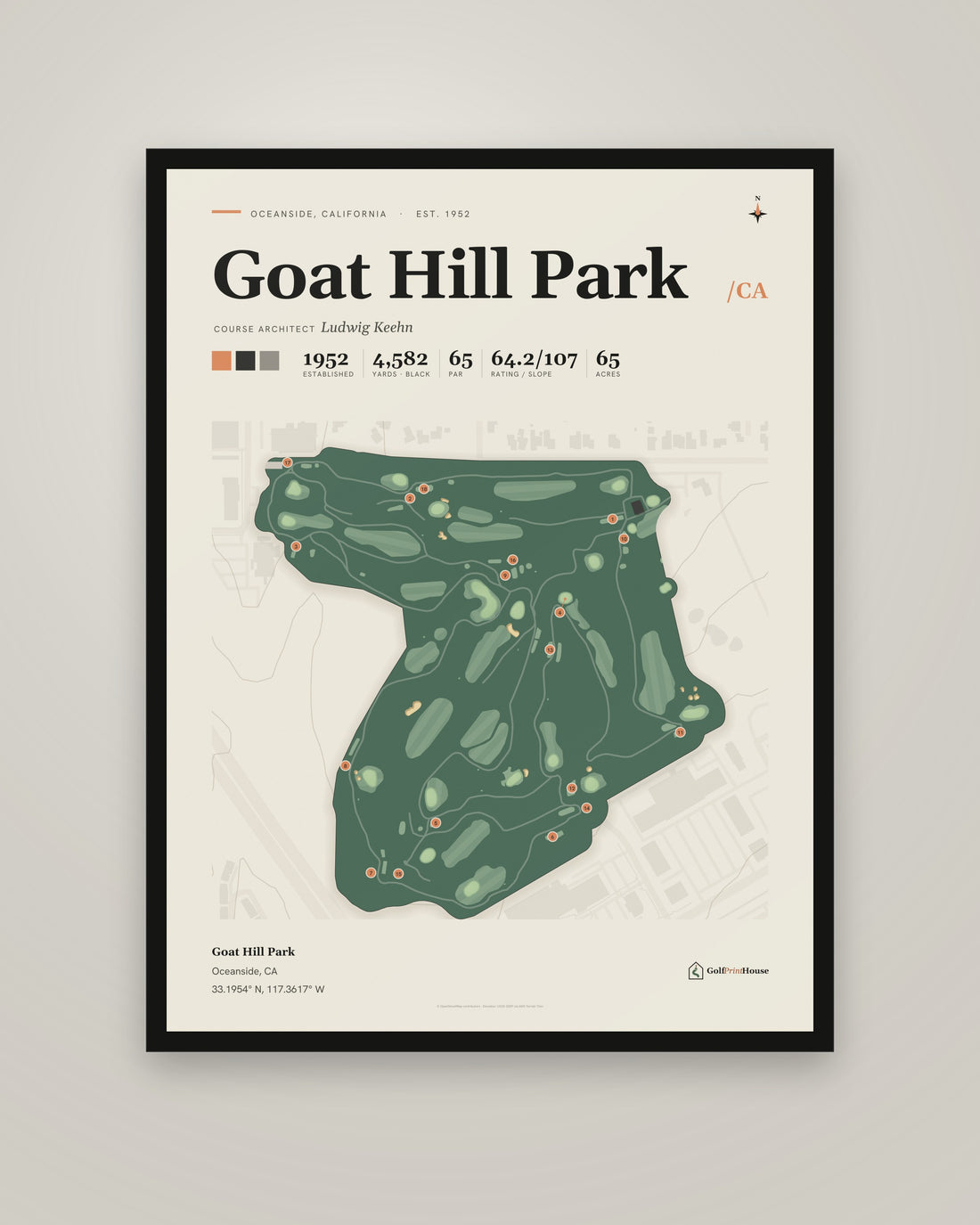 Goat Hill Park Framed Print | Oceanside Golf Course Map | Ready to Hang Mid Century Golf Wall Art