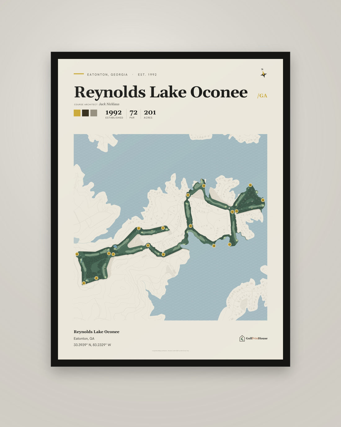 Reynolds Lake Oconee golf course print, framed, on a plain wall