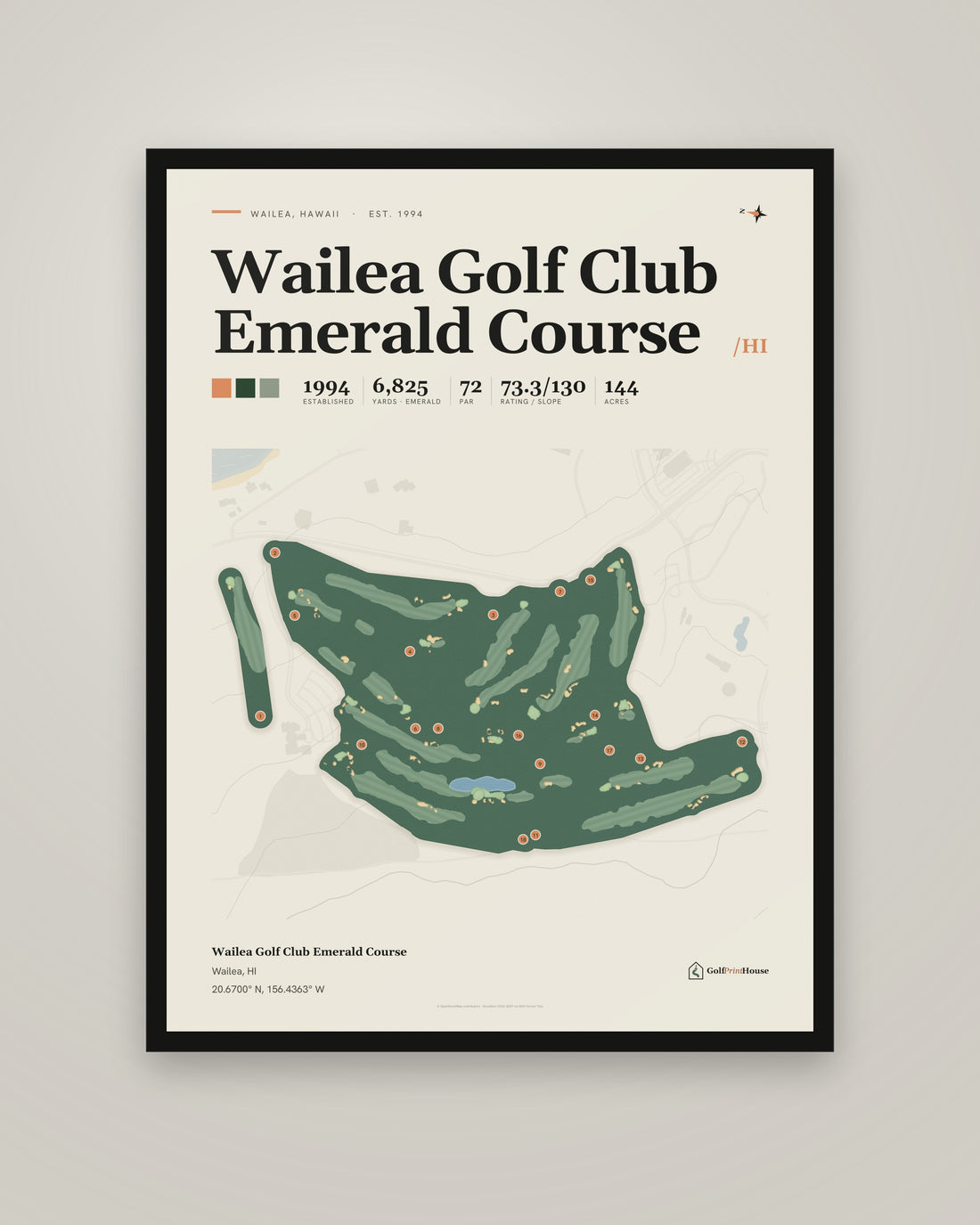 Wailea Golf Club Emerald Course Print | Wailea Golf Course Map Poster | Mid Century Golf Wall Art
