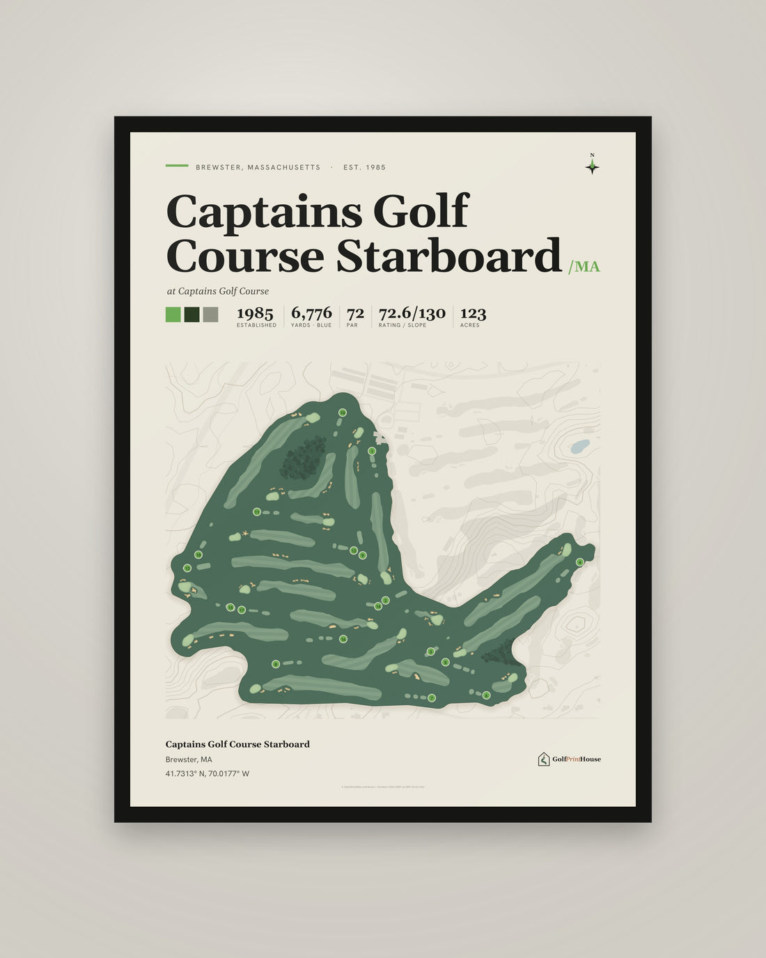 Captains Golf Course Starboard golf course print, framed, on a plain wall