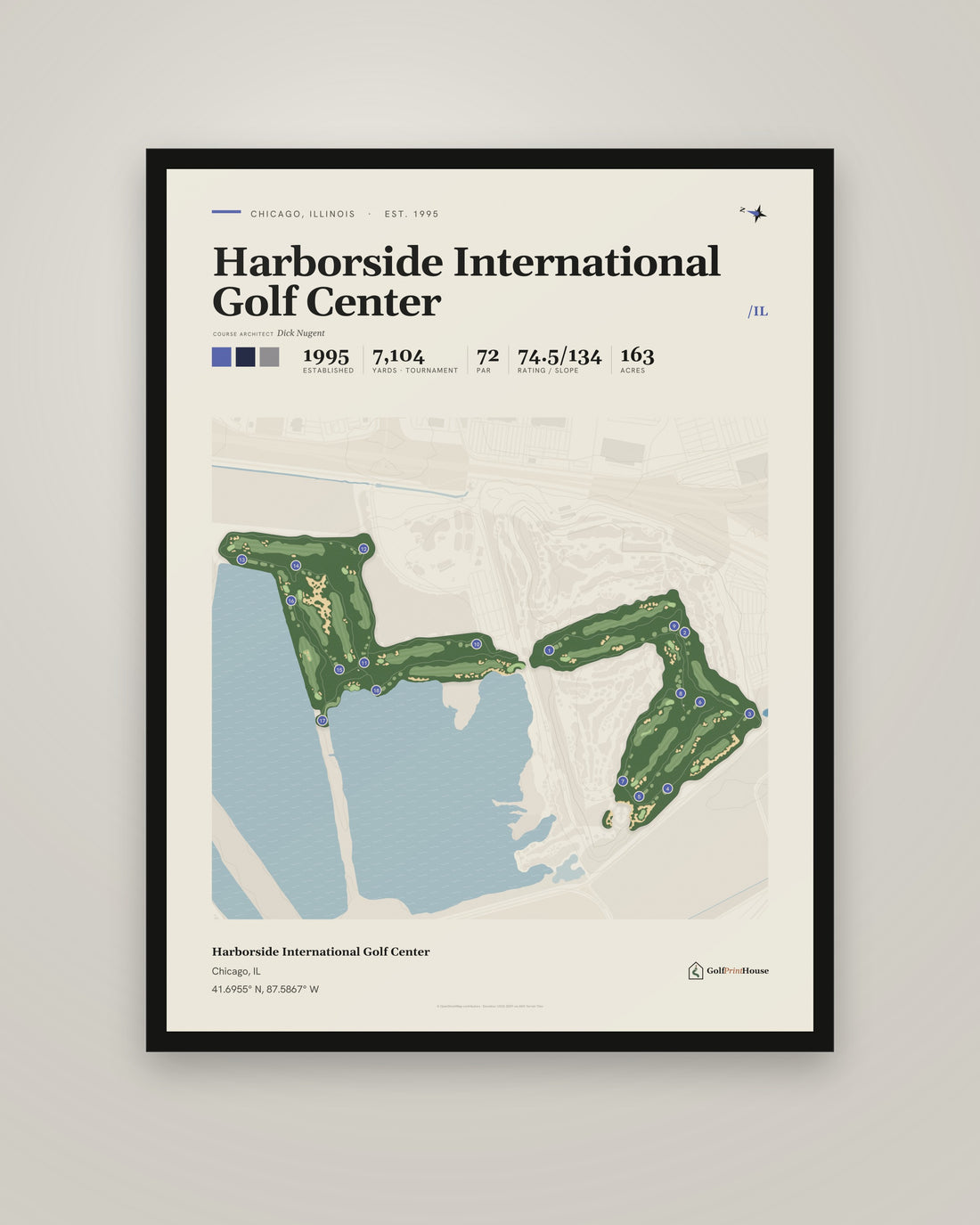 Harborside International Golf Center golf course print, framed, on a plain wall
