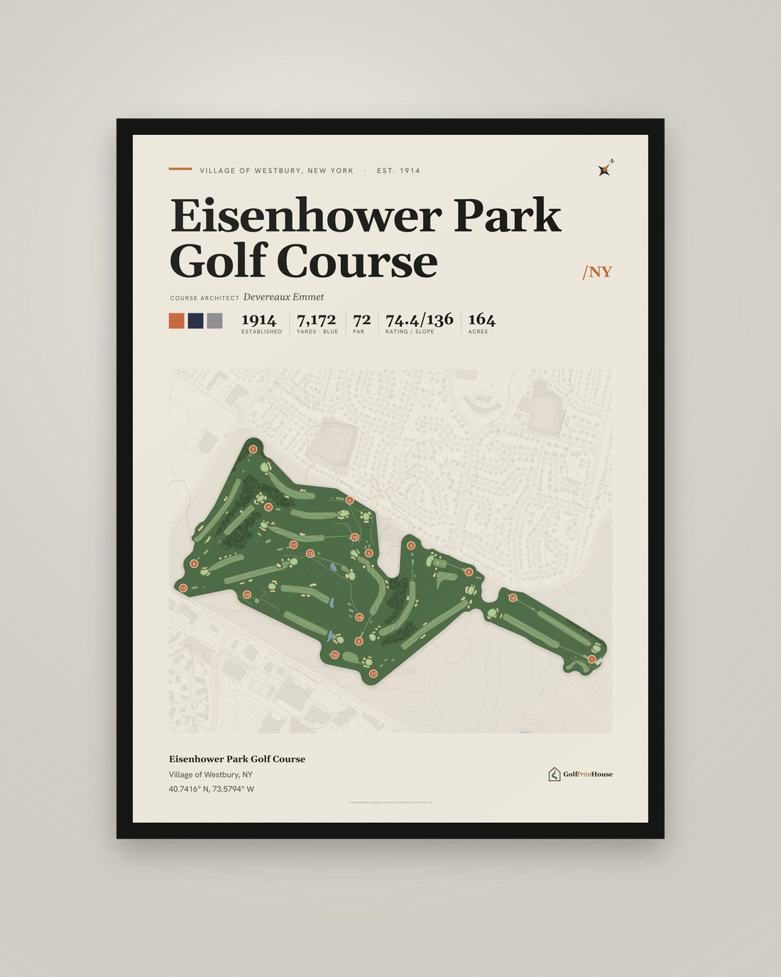 Eisenhower Park Golf Course golf course print, framed, on a plain wall