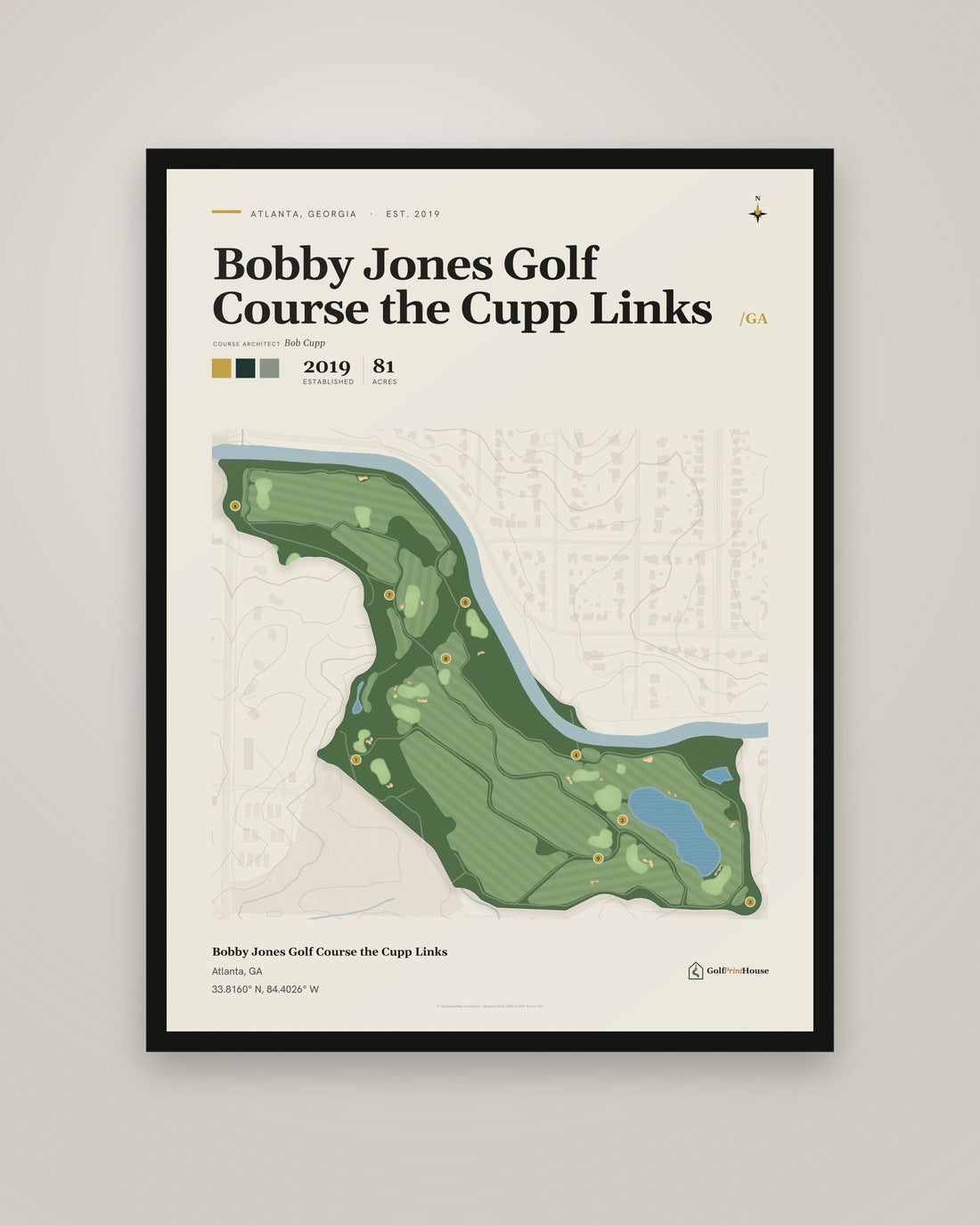 Bobby Jones Golf Course the Cupp Links Framed Print | Atlanta Golf Course Map | Ready to Hang Mid Century Golf Wall Art