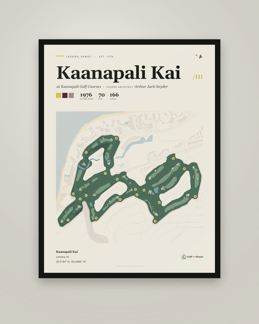 Kaanapali Kai golf course print, framed, on a plain wall