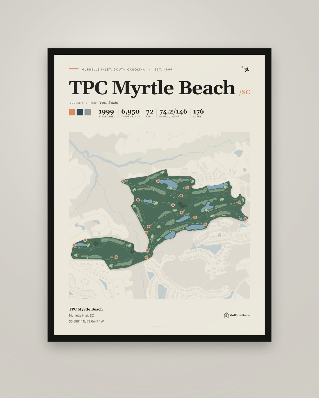 TPC Myrtle Beach Print | Murrells Inlet Golf Course Map Poster | Mid Century Golf Wall Art