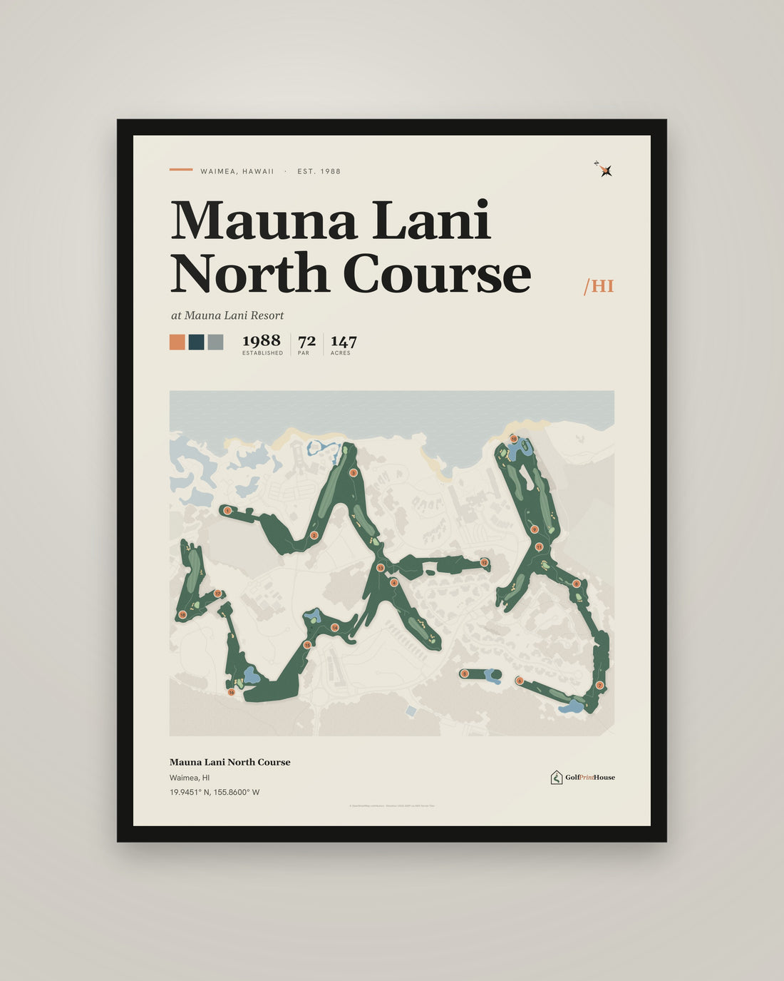 Mauna Lani North Course golf course print, framed, on a plain wall