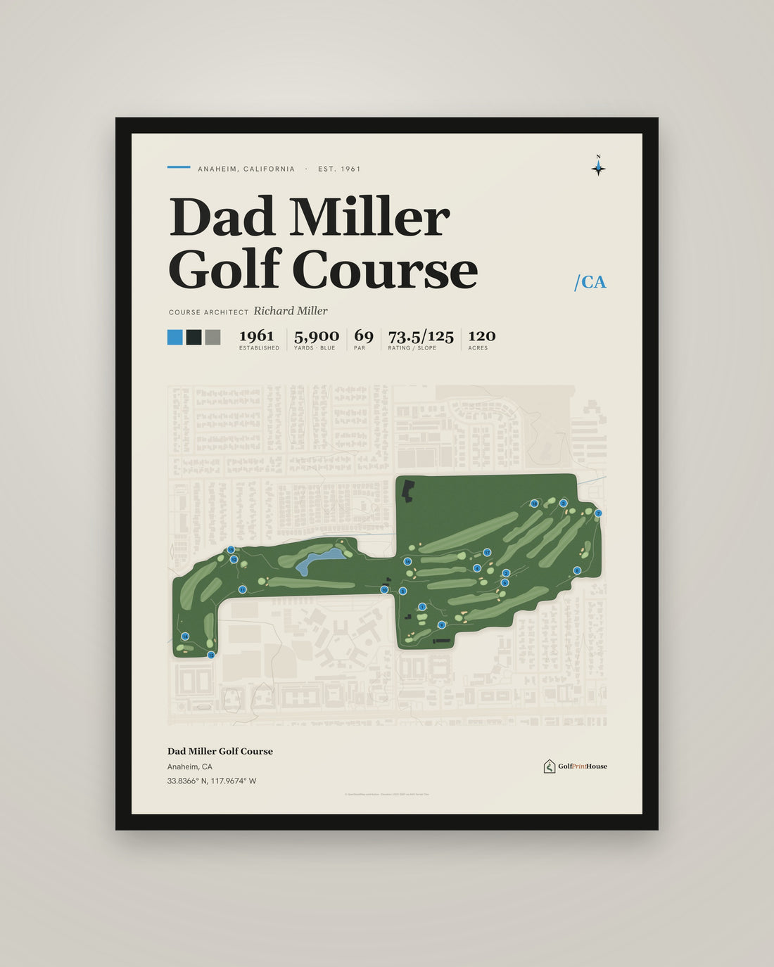 Dad Miller Golf Course golf course print, framed, on a plain wall