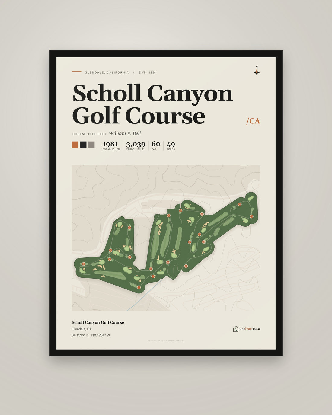 Scholl Canyon Golf Course golf course print, framed, on a plain wall