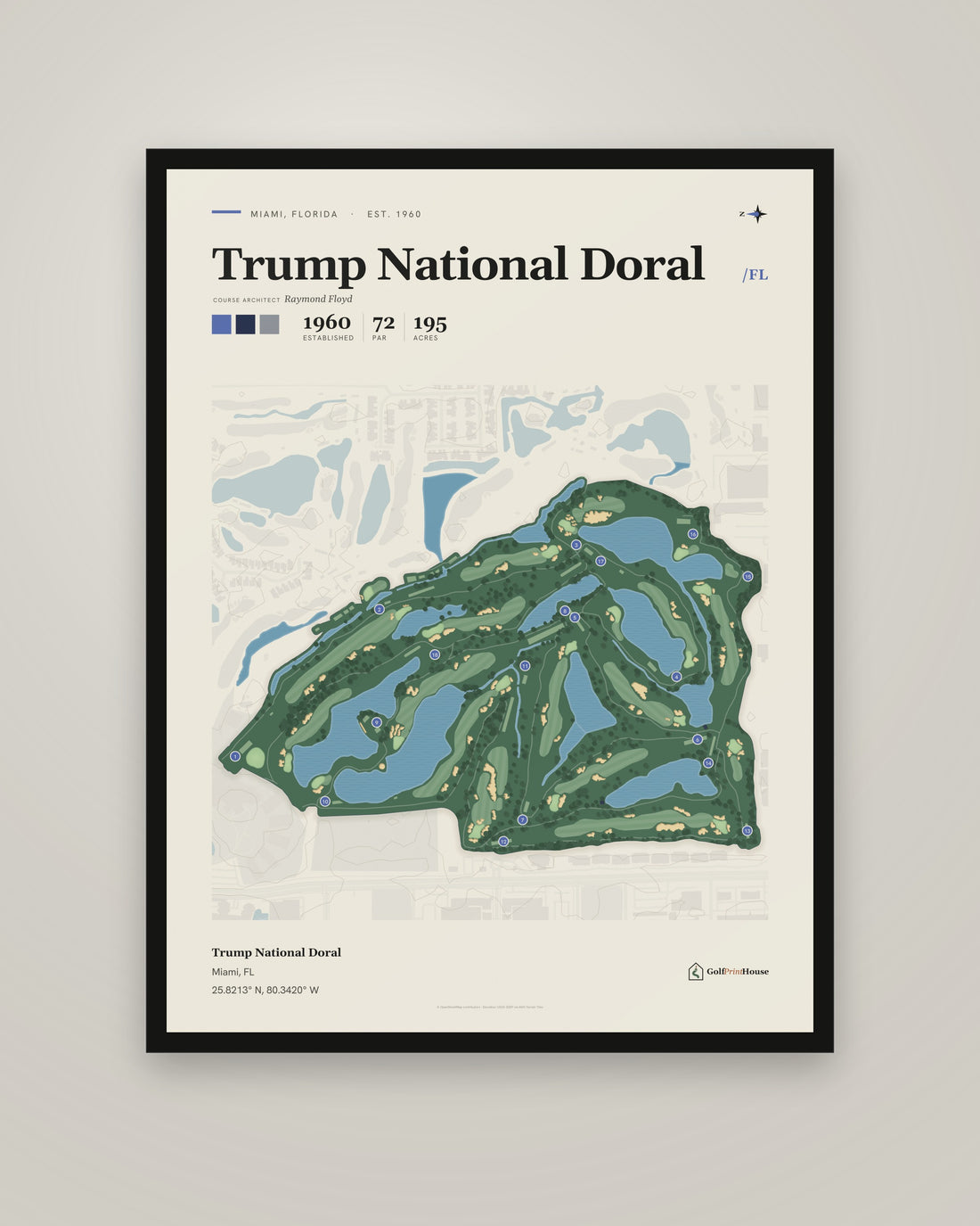 Trump National Doral Print | Miami Golf Course Map Poster | Mid Century Golf Wall Art