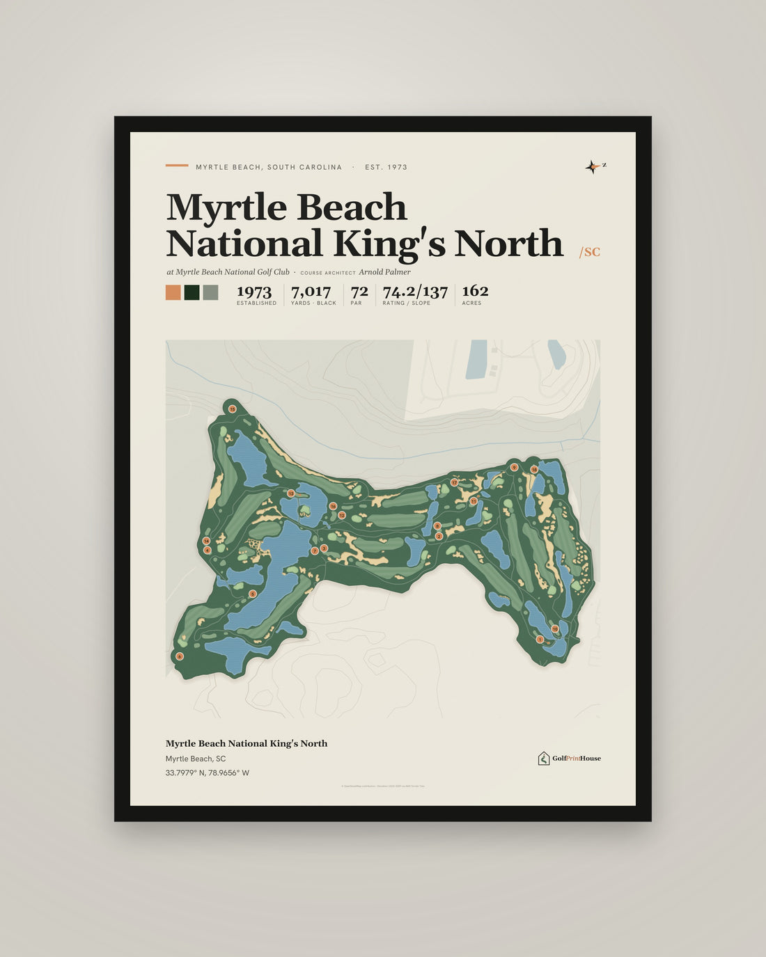 Myrtle Beach National King's North golf course print, framed, on a plain wall