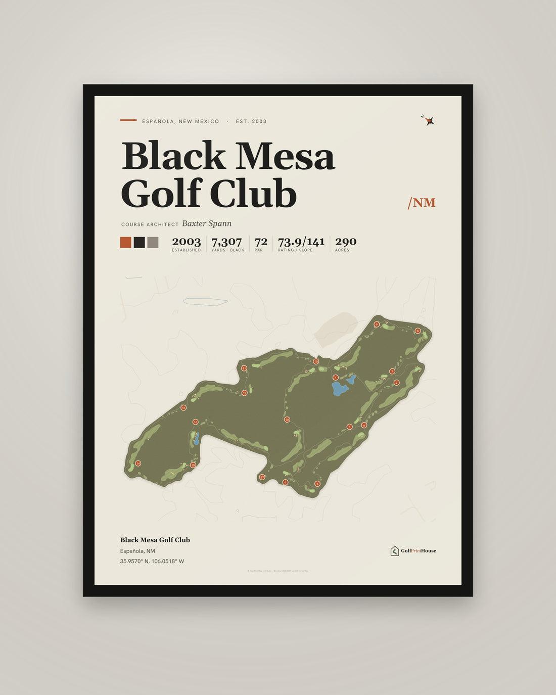 Black Mesa Golf Club golf course print, framed, on a plain wall