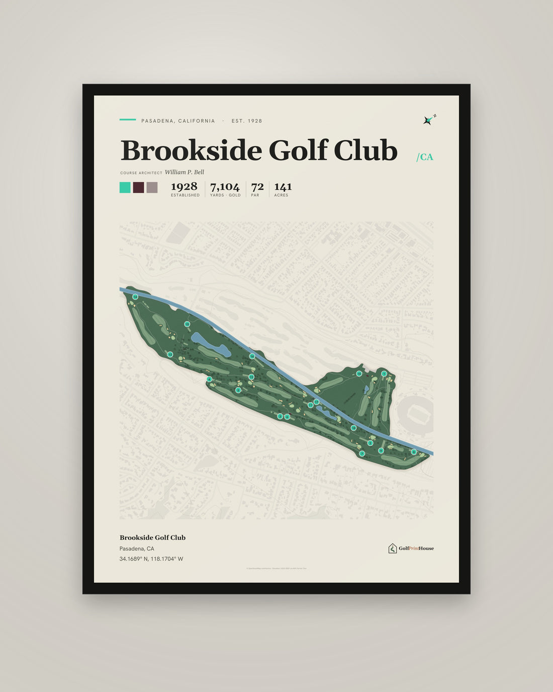 Brookside Golf Club golf course print, framed, on a plain wall