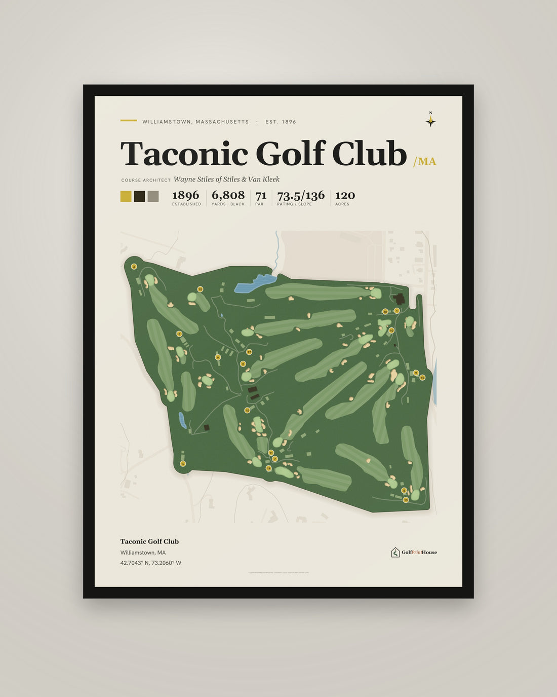 Taconic Golf Club golf course print, framed, on a plain wall