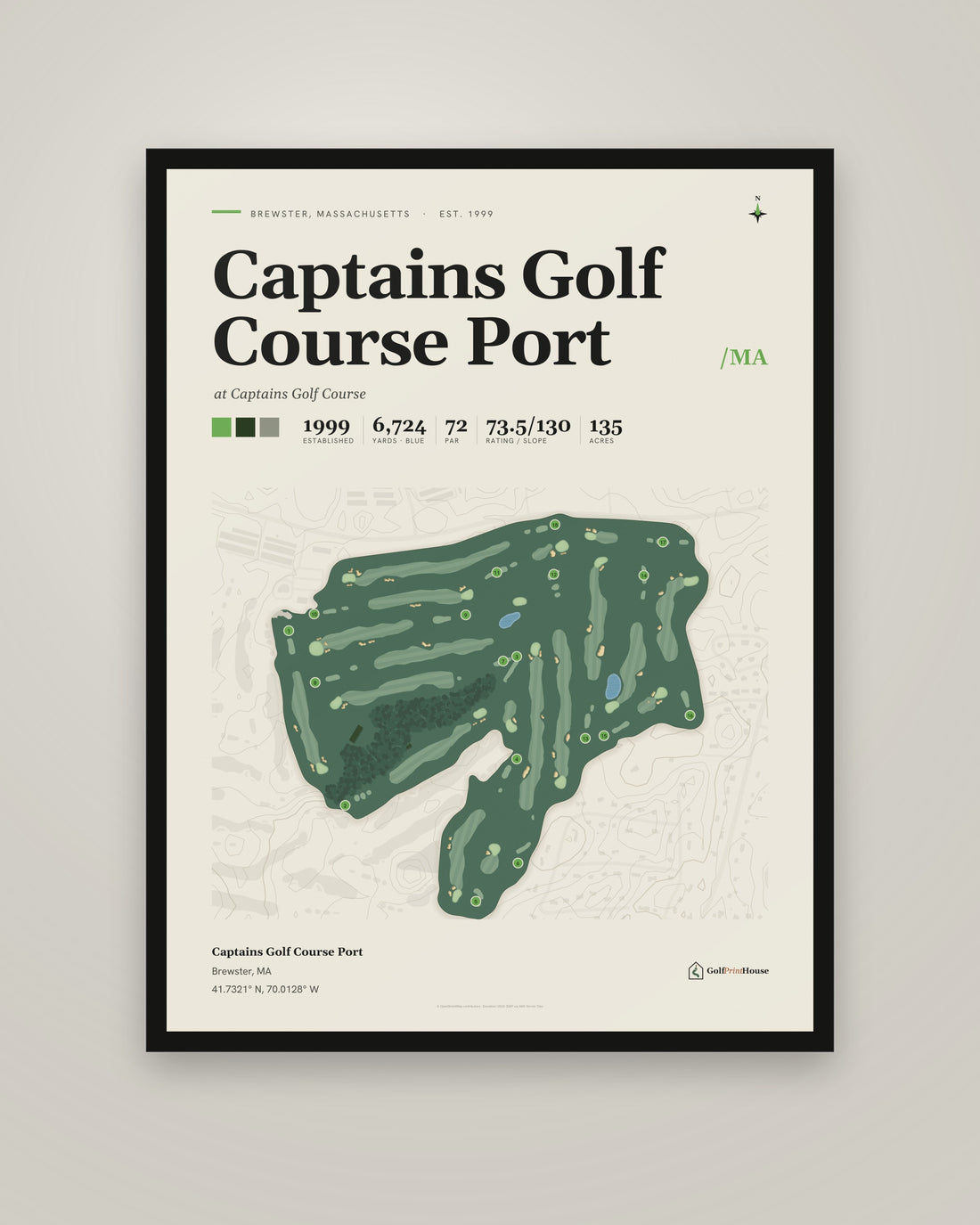 Captains Golf Course Port golf course print, framed, on a plain wall