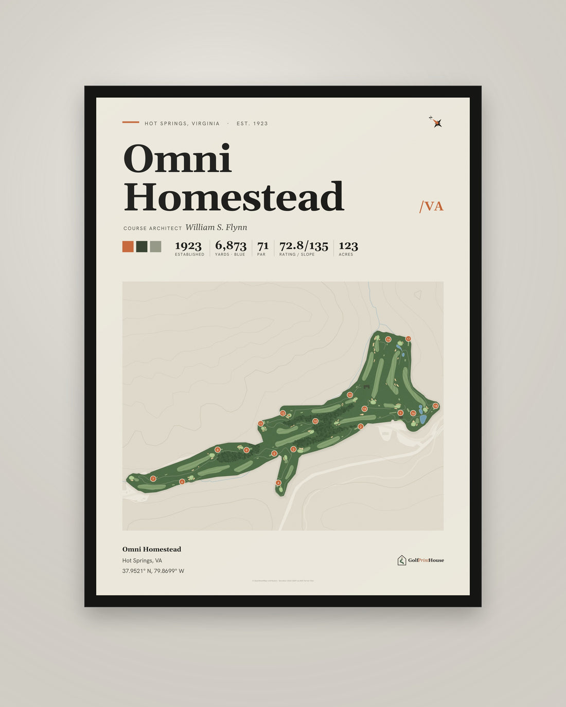 Omni Homestead golf course print, framed, on a plain wall