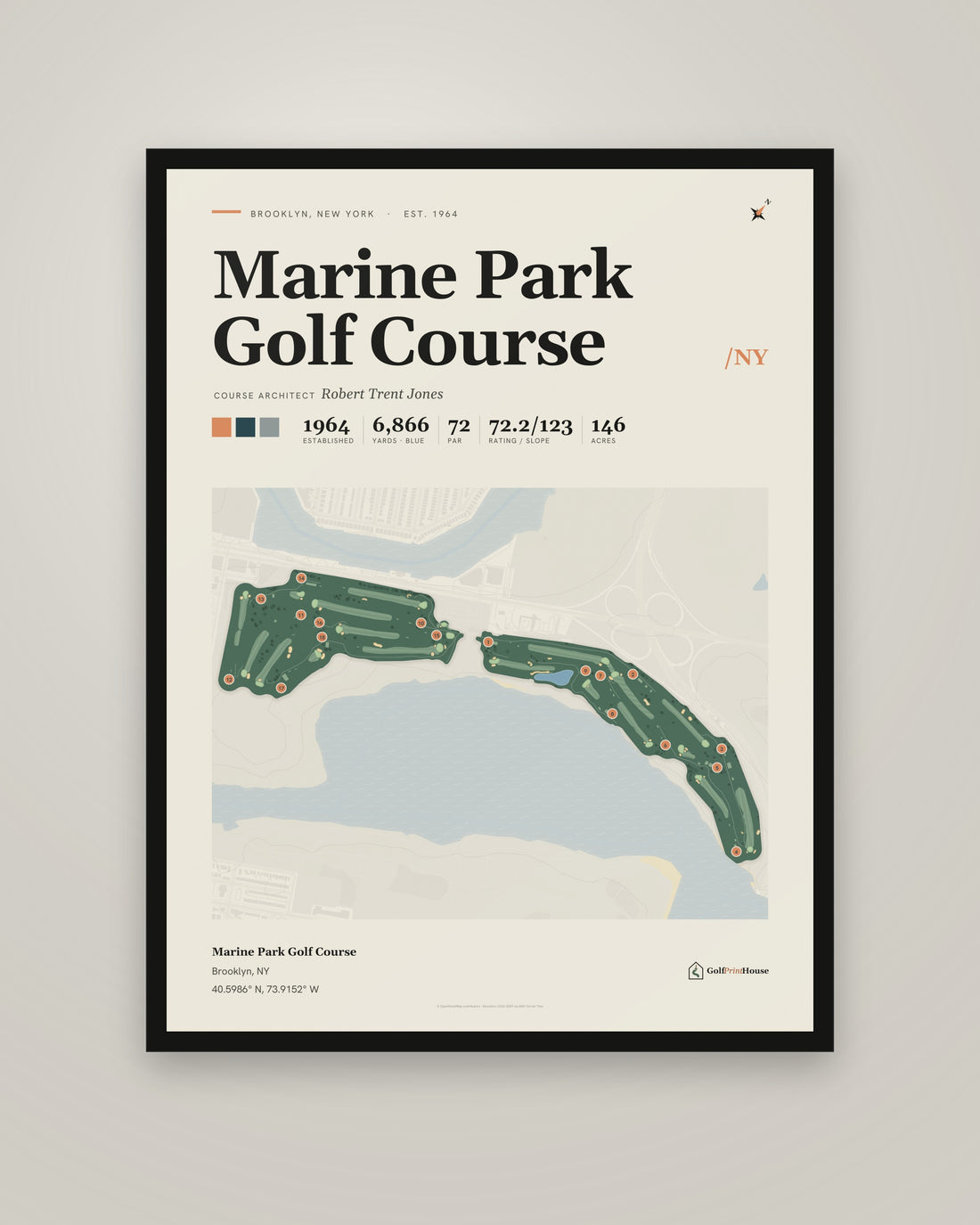 Marine Park Golf Course golf course print, framed, on a plain wall