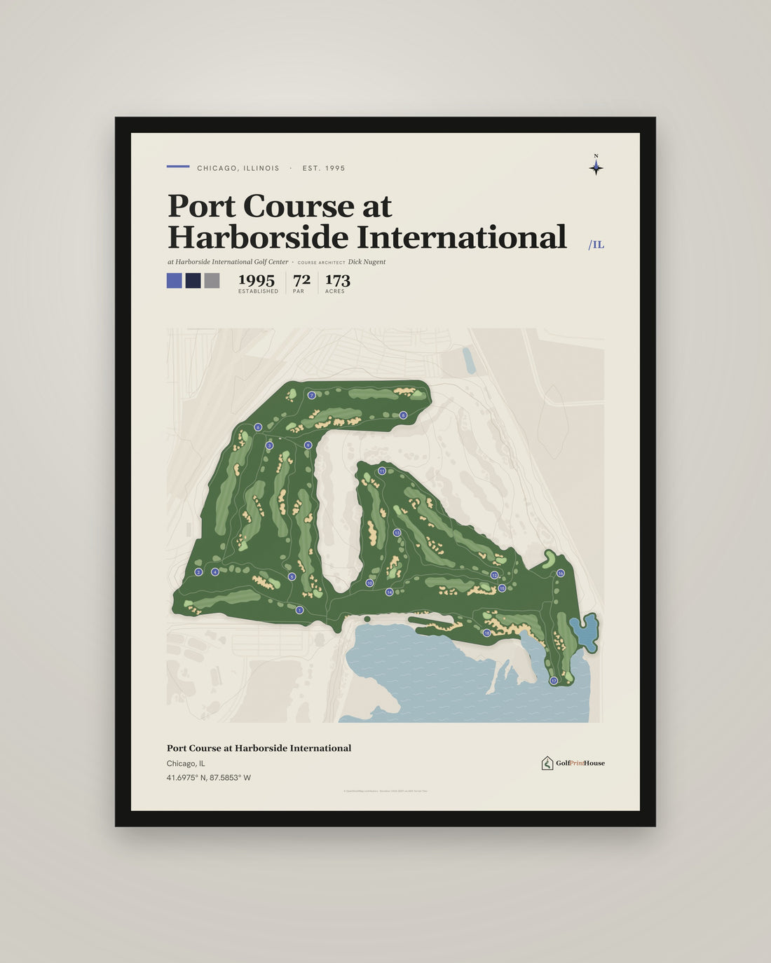 Port Course at Harborside International golf course print, framed, on a plain wall
