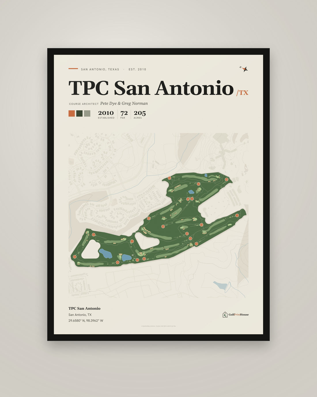 TPC San Antonio Print | San Antonio Golf Course Map Poster | Mid Century Golf Wall Art