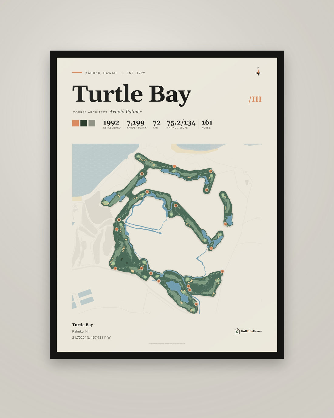 Turtle Bay golf course print, framed, on a plain wall