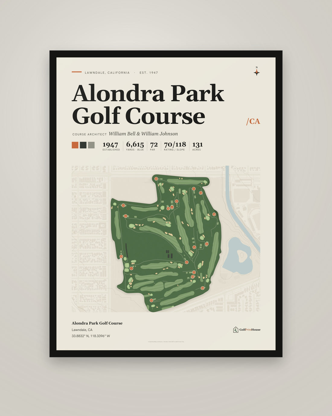 Alondra Park Golf Course Print | Lawndale Golf Course Map Poster | Mid Century Golf Wall Art