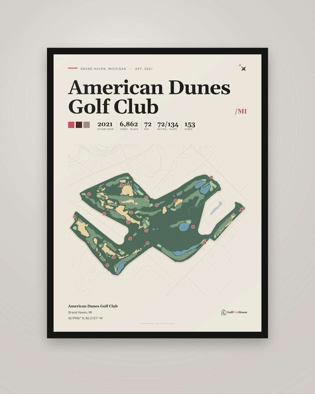American Dunes Golf Club golf course print, framed, on a plain wall