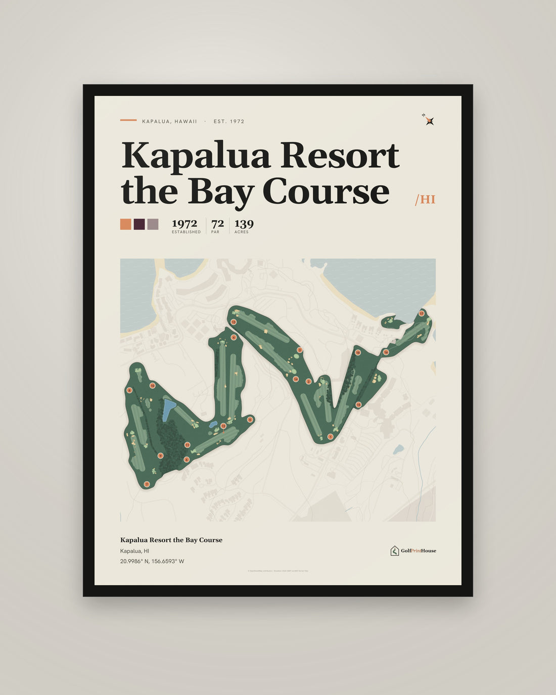 Kapalua Resort the Bay Course golf course print, framed, on a plain wall