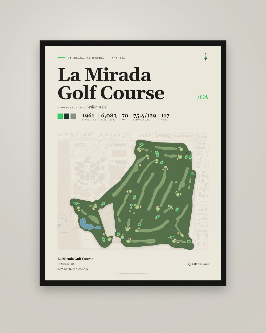 La Mirada Golf Course Framed Print | La Mirada Golf Course Map | Ready to Hang Mid Century Golf Wall Art