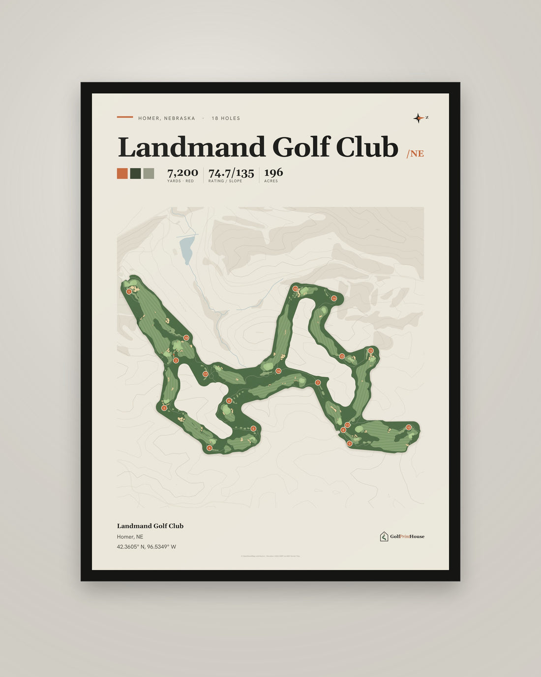 Landmand Golf Club golf course print, framed, on a plain wall