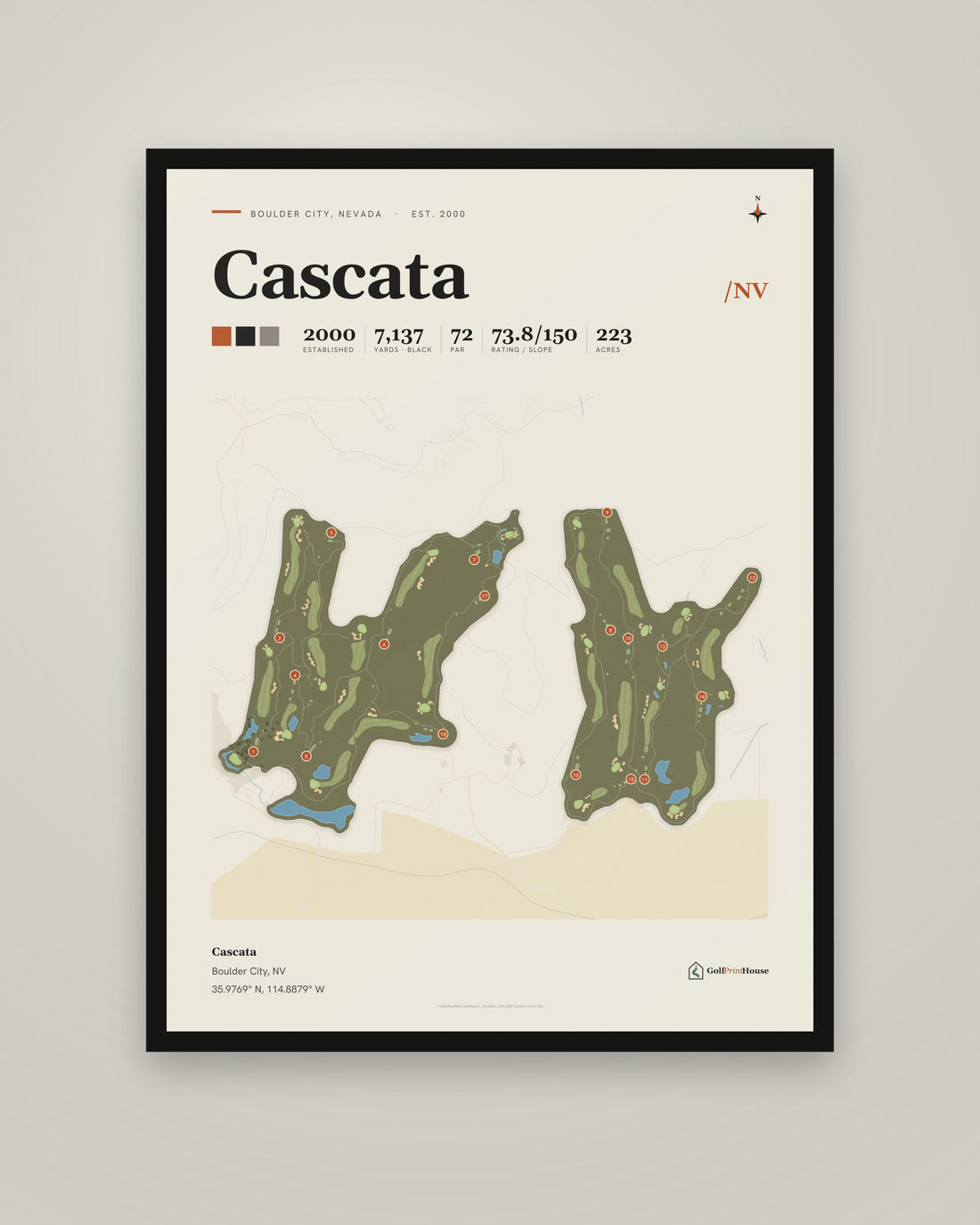 Cascata golf course print, framed, on a plain wall