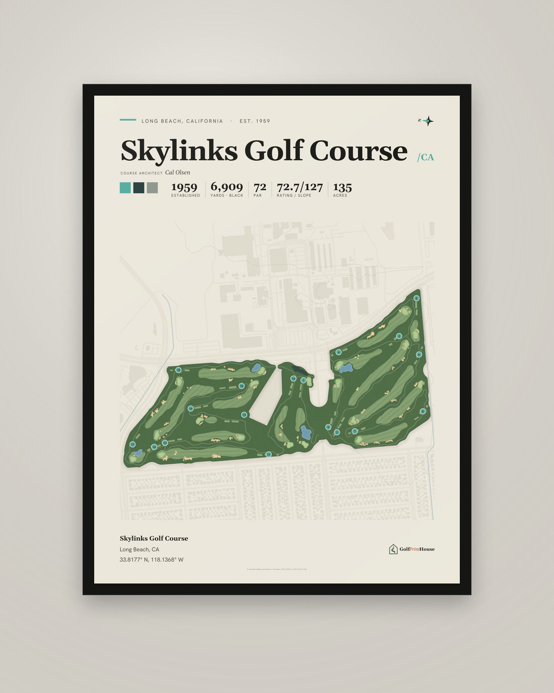 Skylinks Golf Course golf course print, framed, on a plain wall