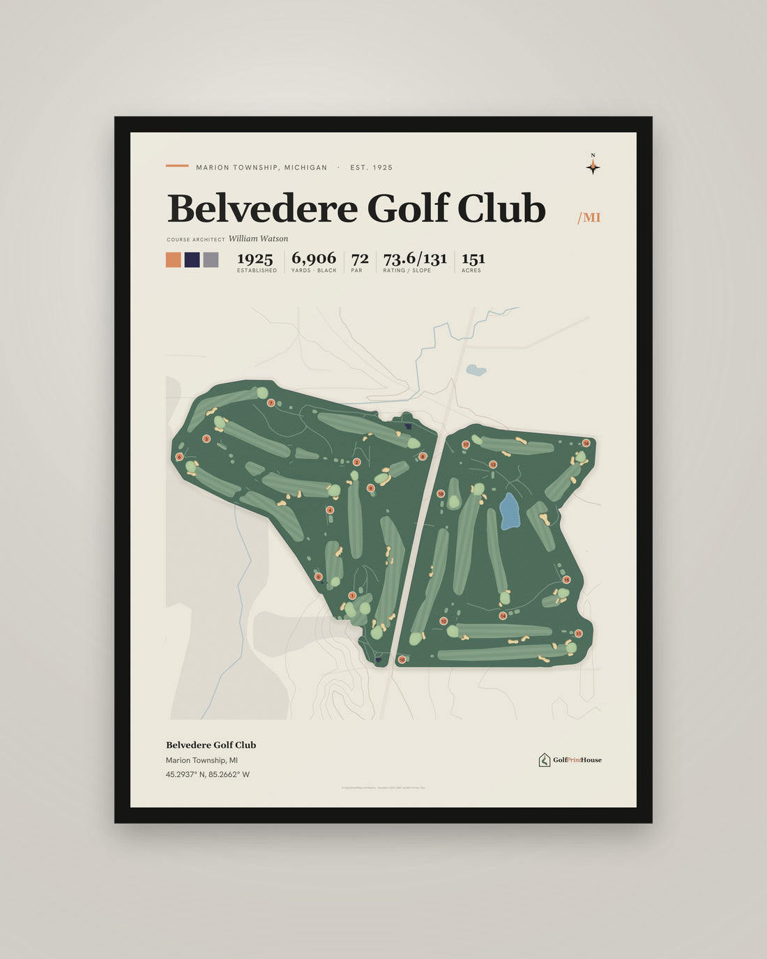 Belvedere Golf Club golf course print, framed, on a plain wall