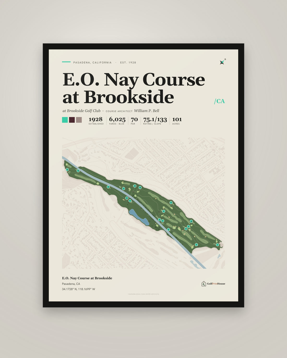 E.O. Nay Course at Brookside Print | Pasadena Golf Course Map Poster | Mid Century Golf Wall Art