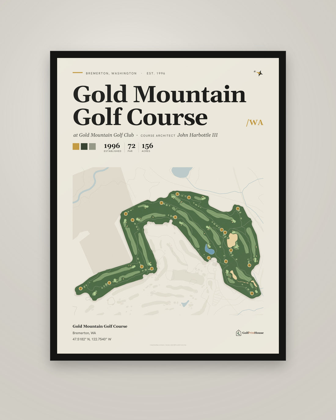 Gold Mountain Golf Course golf course print, framed, on a plain wall