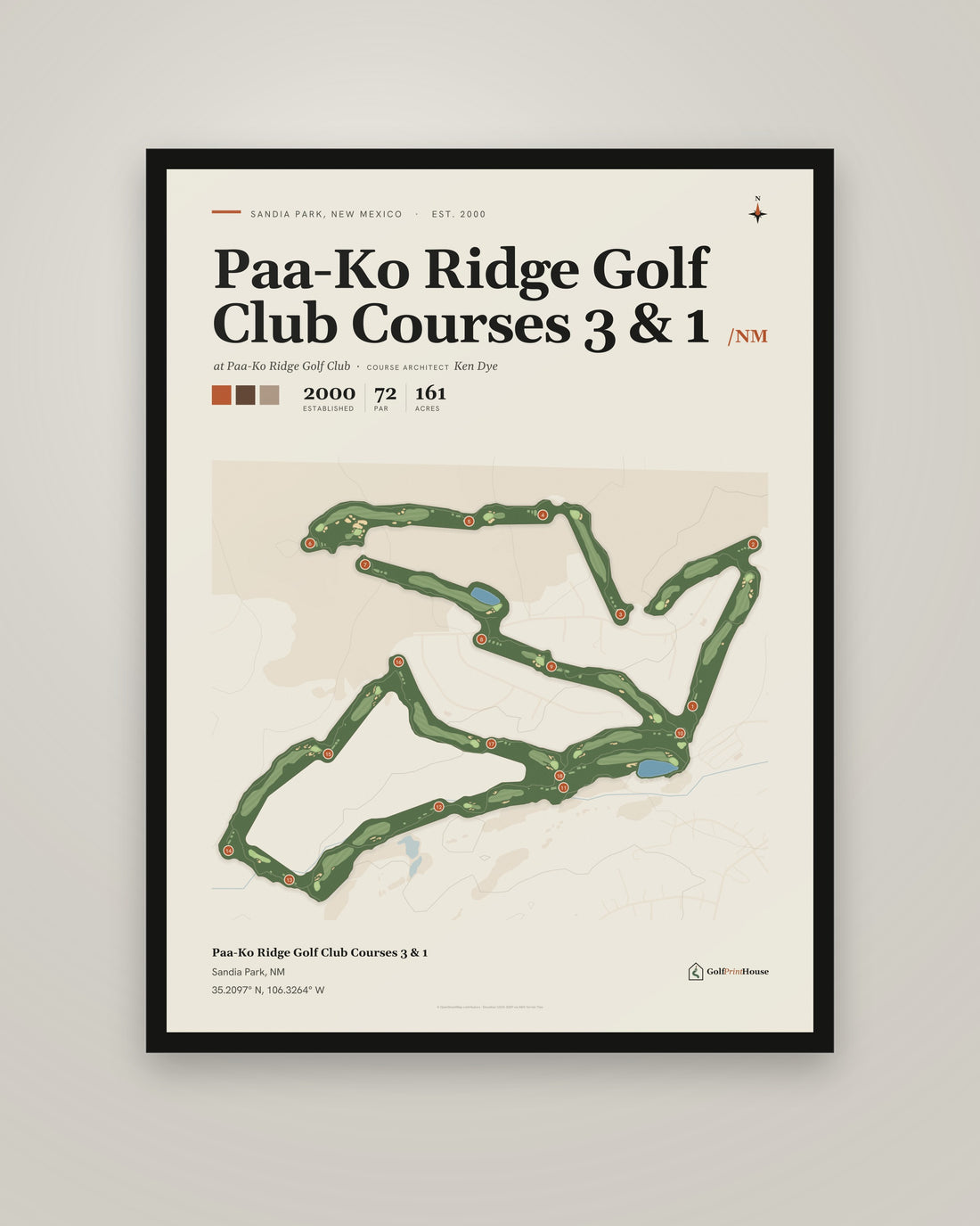 Paa-Ko Ridge Golf Club Courses 3 & 1 golf course print, framed, on a plain wall