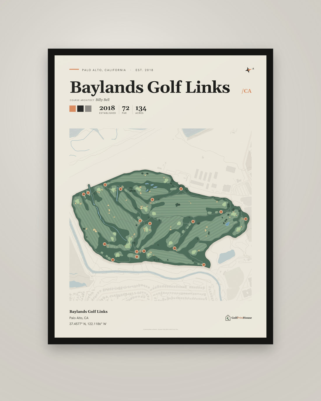 Baylands Golf Links Print | Palo Alto Golf Course Map Poster | Mid Century Golf Wall Art