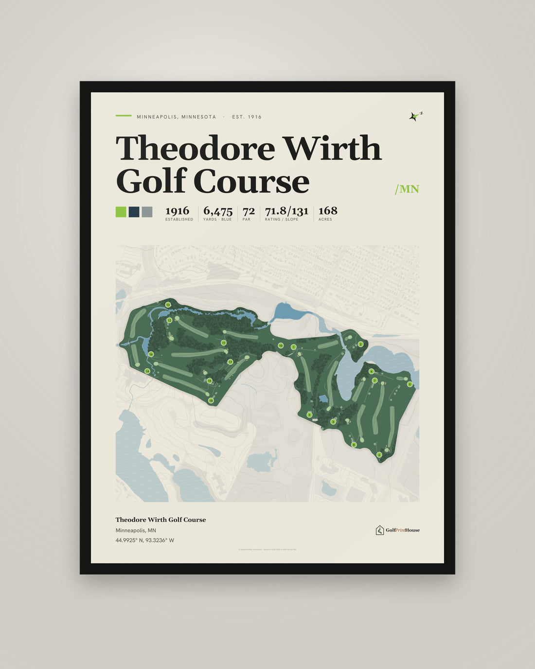 Theodore Wirth Golf Course Print | Minneapolis Golf Course Map Poster | Mid Century Golf Wall Art