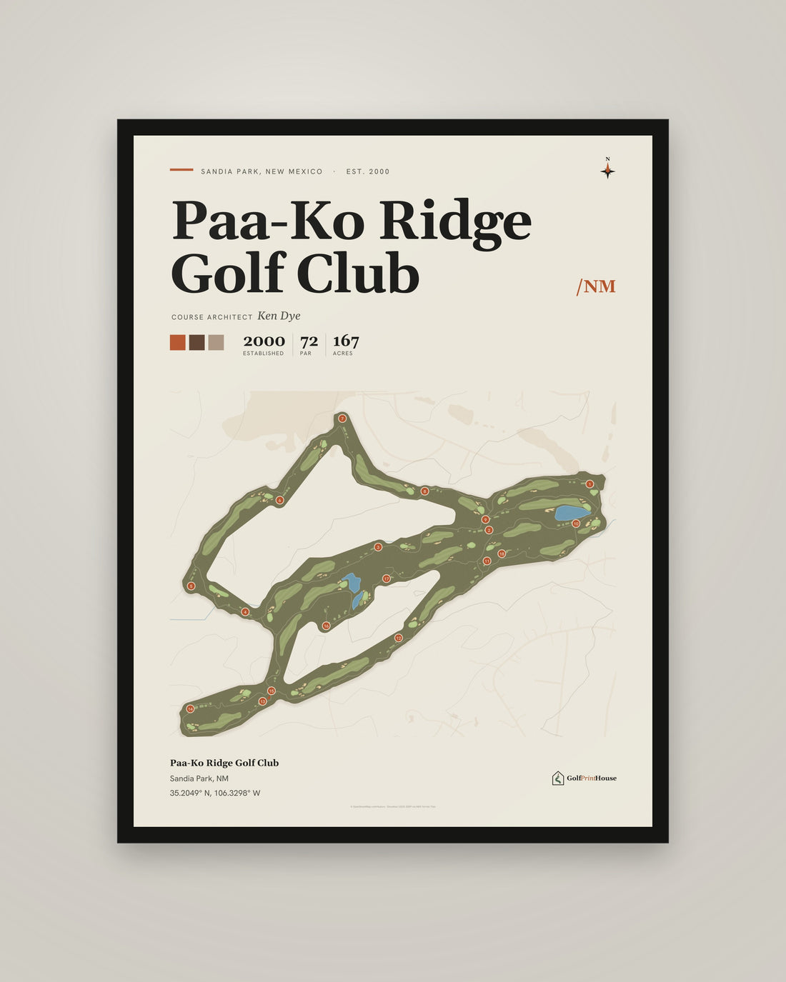 Paa-Ko Ridge Golf Club Framed Print | Sandia Park Golf Course Map | Ready to Hang Mid Century Golf Wall Art