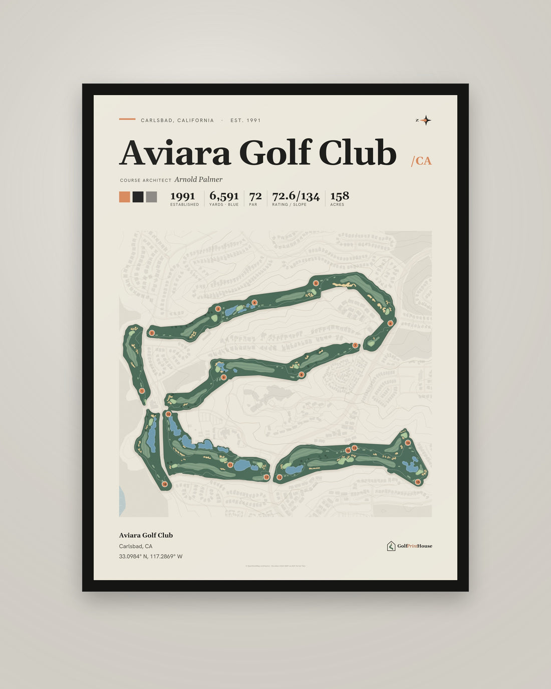 Aviara Golf Club Framed Print | Carlsbad Golf Course Map | Ready to Hang Mid Century Golf Wall Art