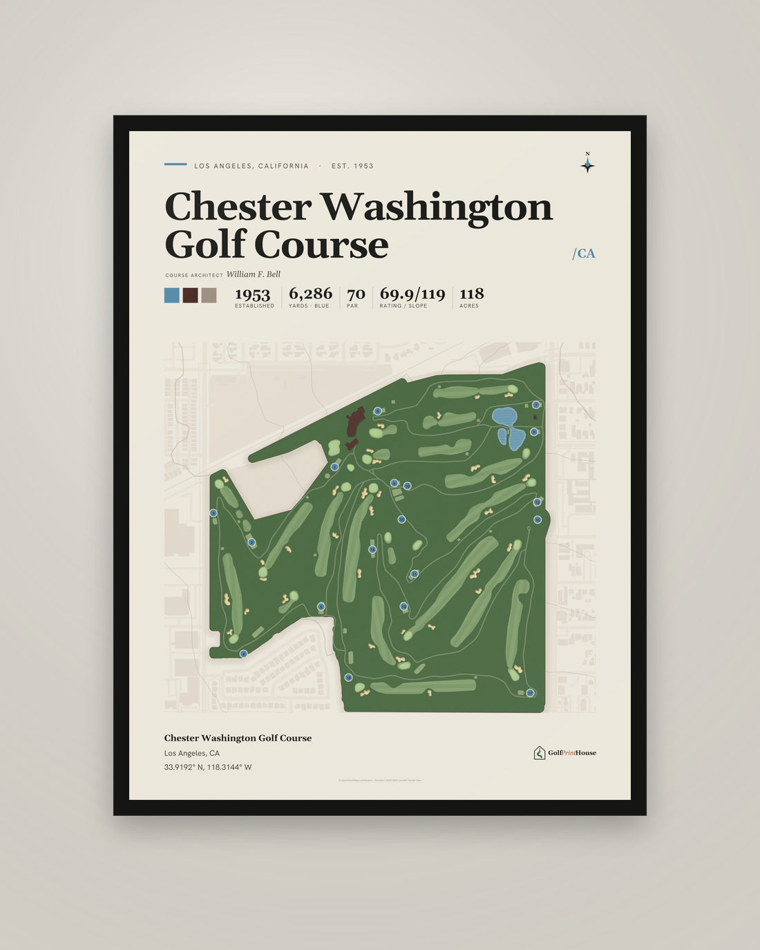Chester Washington Golf Course Print | Los Angeles Golf Course Map Poster | Mid Century Golf Wall Art