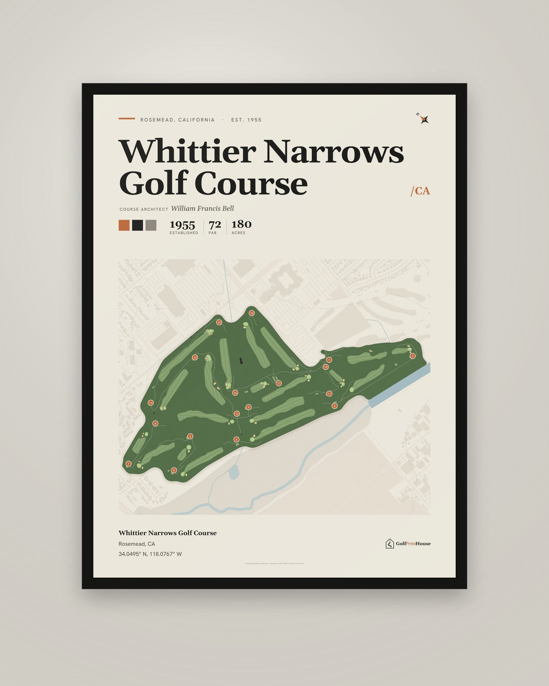 Whittier Narrows Golf Course golf course print, framed, on a plain wall