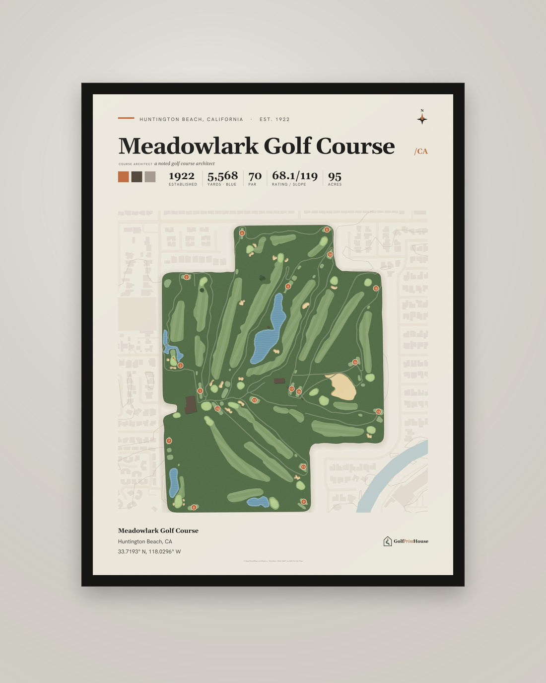 Meadowlark Golf Course Framed Print | Huntington Beach Golf Course Map | Ready to Hang Mid Century Golf Wall Art