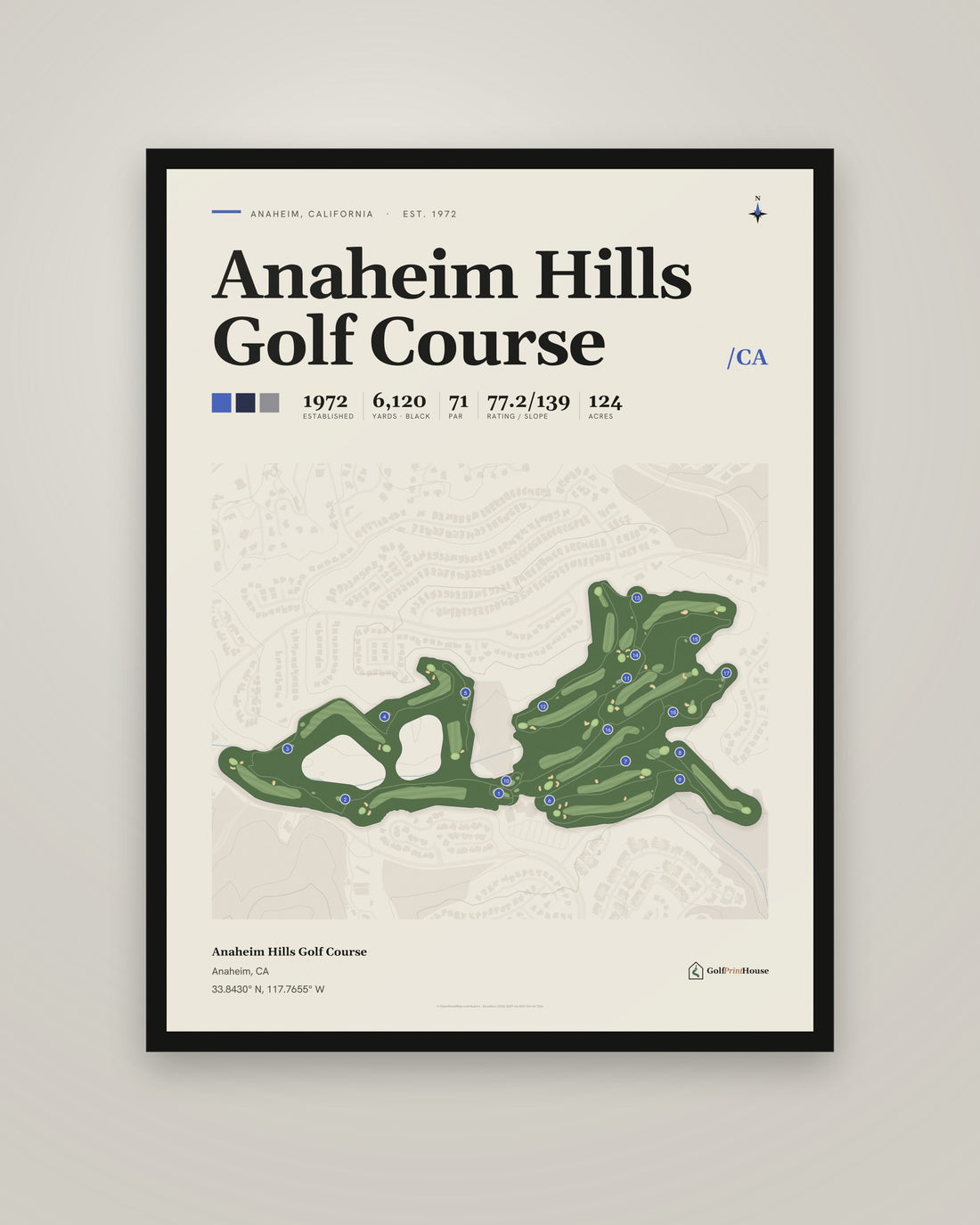Anaheim Hills Golf Course Print | Anaheim Golf Course Map Poster | Mid Century Golf Wall Art